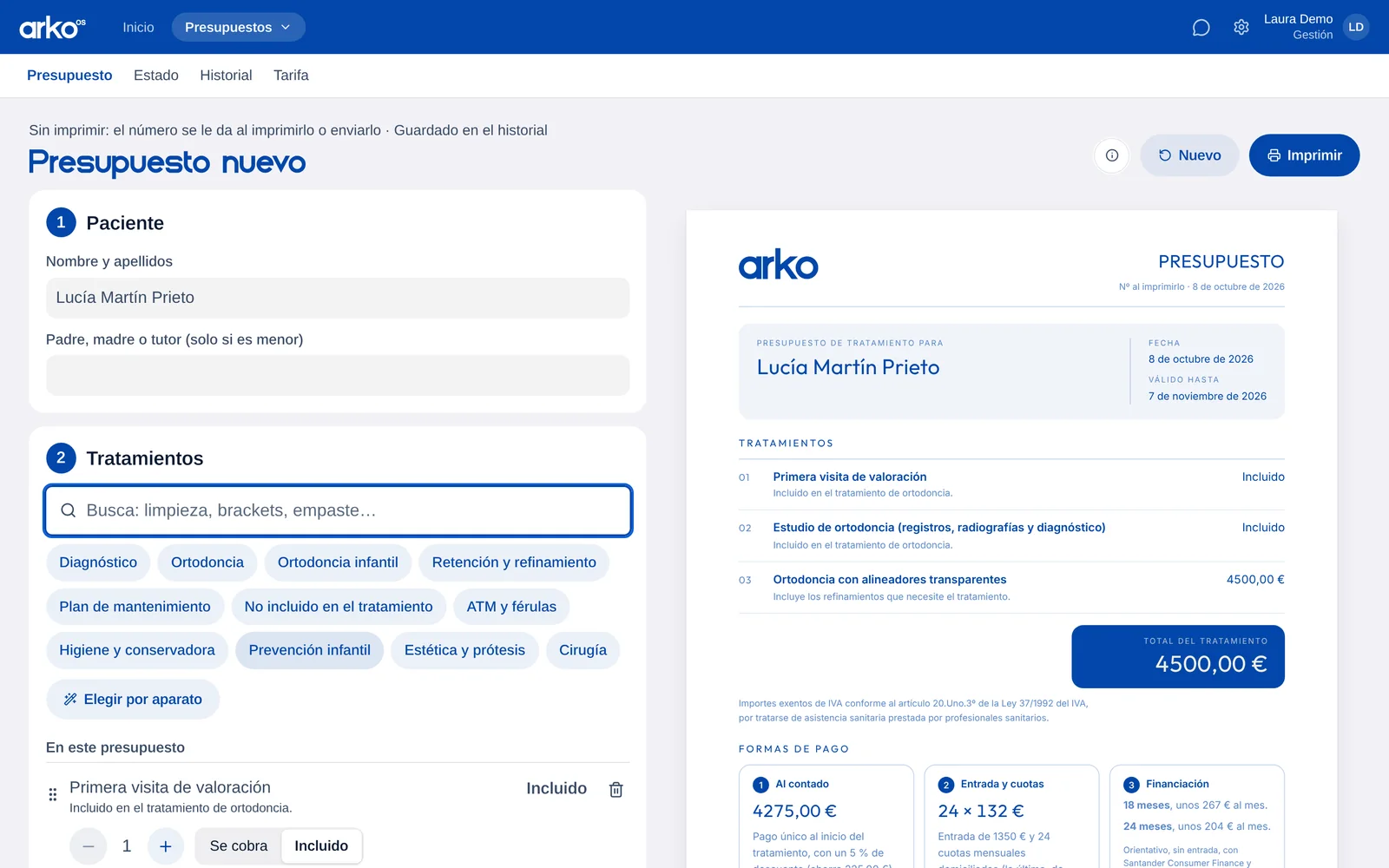 Generador de presupuestos de Arko con la vista previa del papel