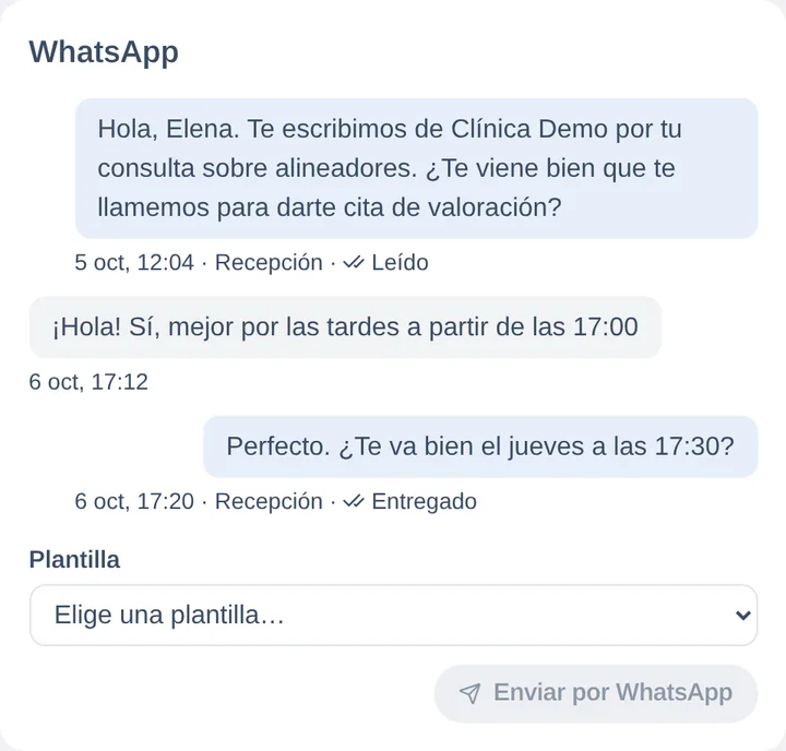 Conversación de WhatsApp en la ficha de un lead, con el estado de cada mensaje